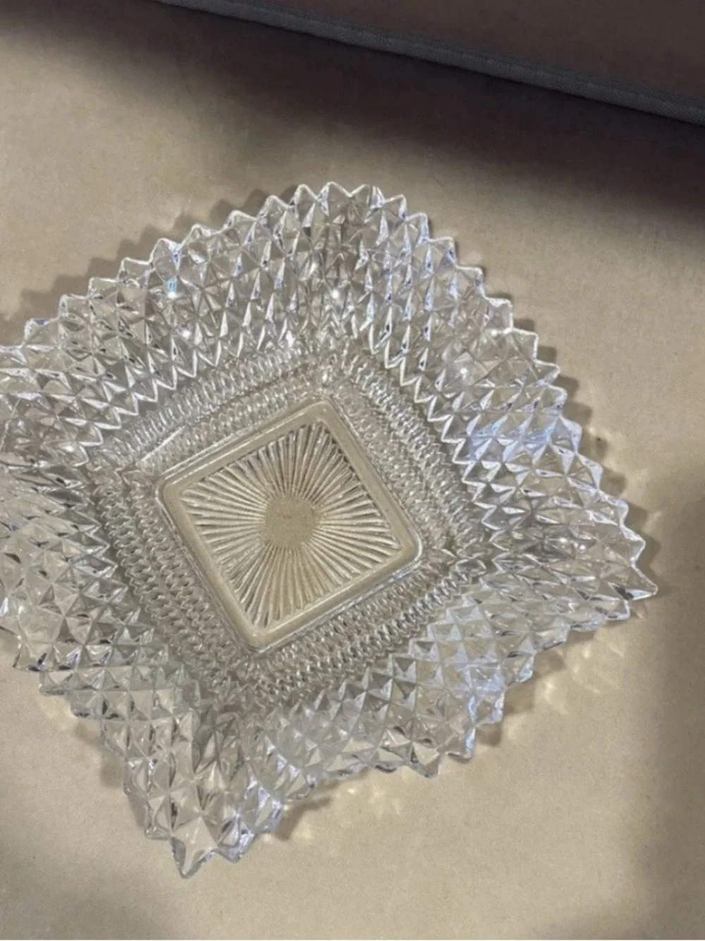 Vtg Indiana Glass Diamond Point Square Ruffled Edge Candy Trinket Dish 6.5×2'